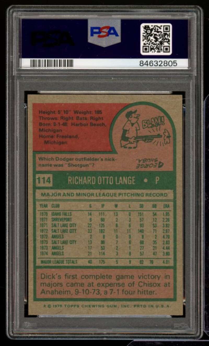 Dick Lange Card 1975 Topps #114 PSA 8 Image 2