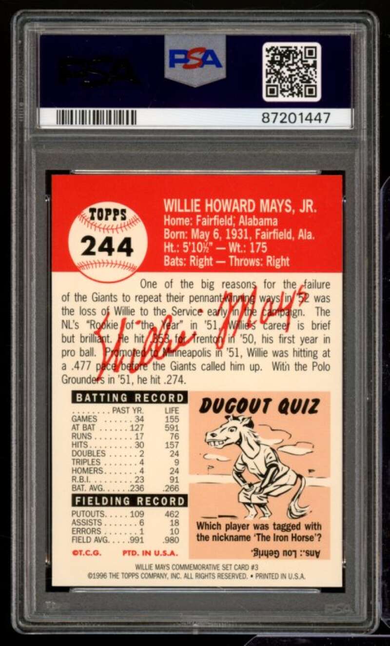 Willie Mays Card 1997 Topps 1953 Reprints #3 PSA 9 Image 2