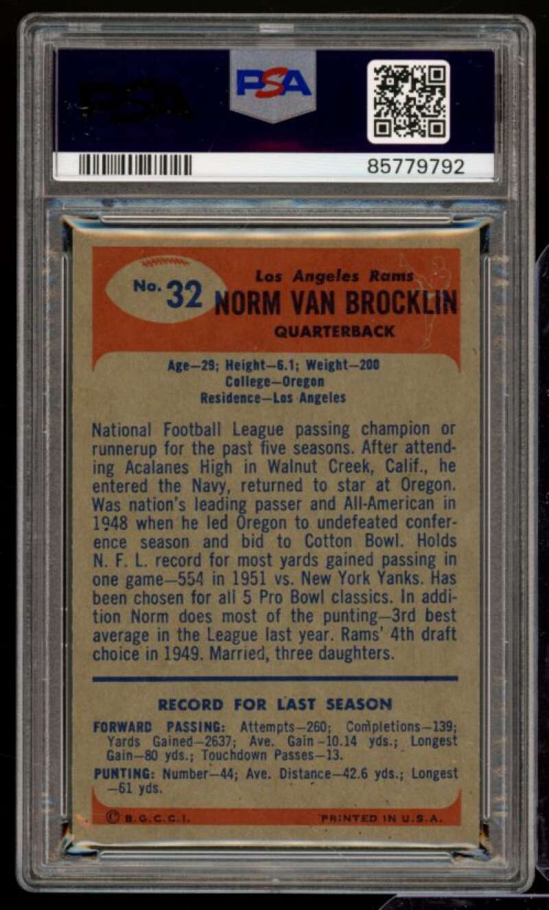 Norm Van Brooklin Card 1955 Bowman #32 PSA 2 Image 2