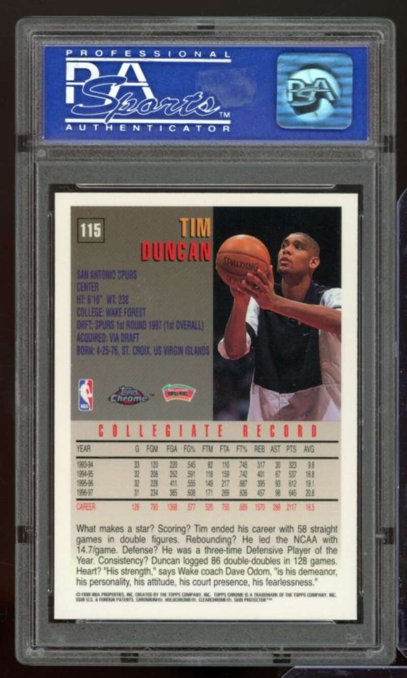 Tim Duncan Rookie Card 1997-98 Topps Chrome #115 PSA 9 Image 2