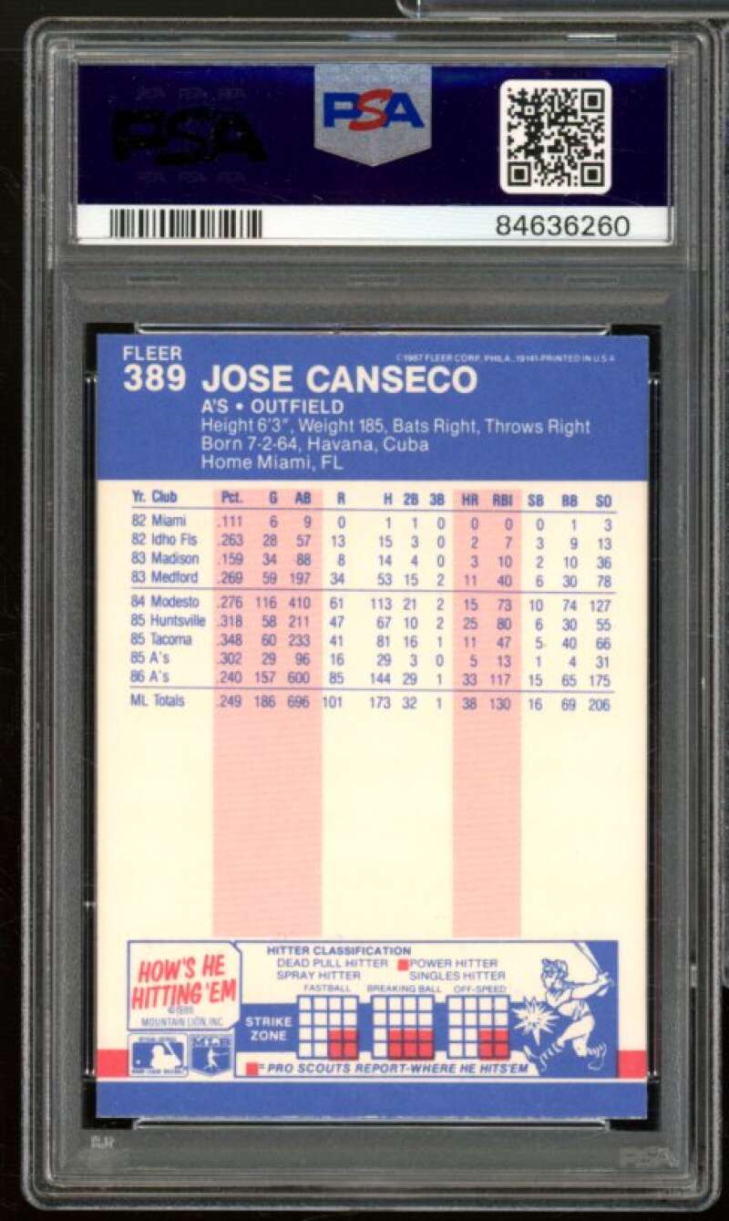 Jose Canseco Card 1987 Fleer #389 PSA 8 Image 2