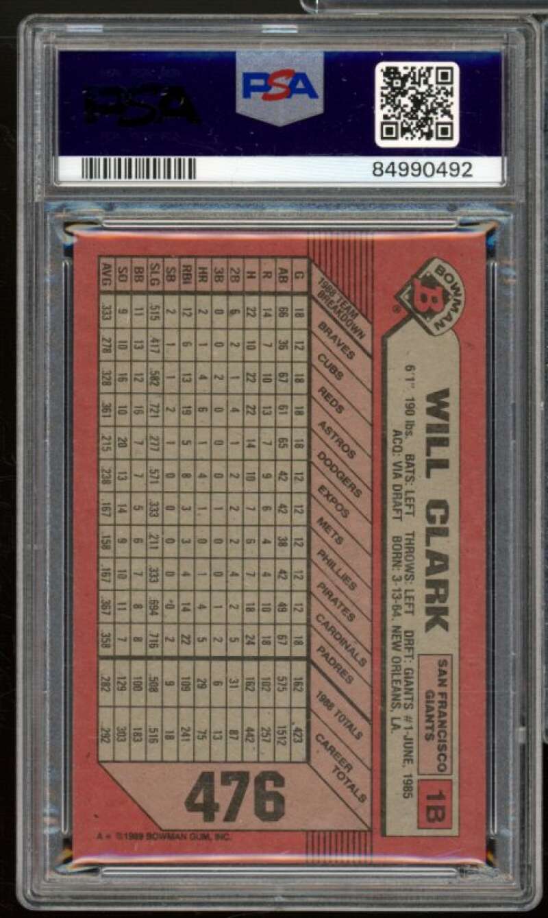 Will Clark Card 1989 Bowman #476 PSA 8 Image 2