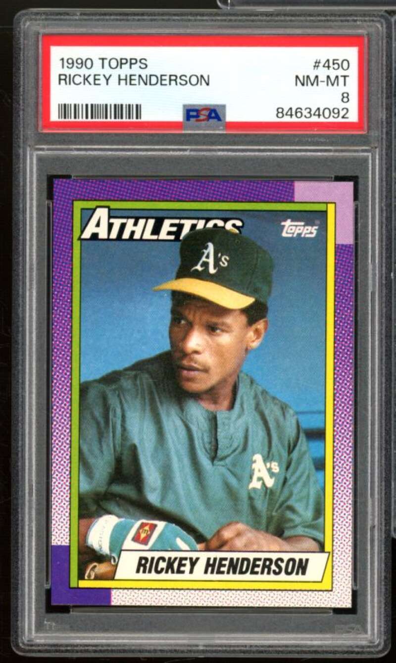 Rickey Henderson Card 1990 Topps #450 PSA 8 Image 1