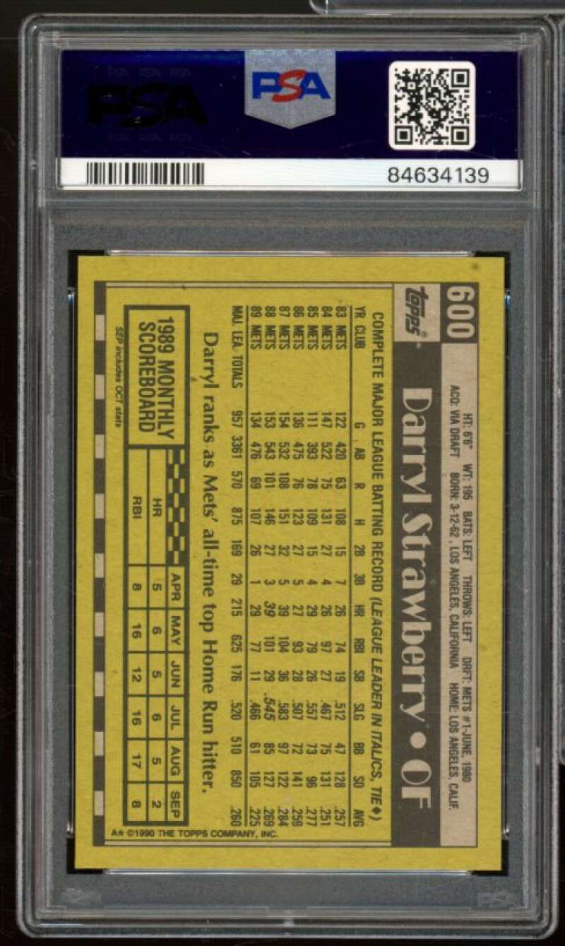 Darryl Strawberry Card 1990 Topps #600 PSA 8 Image 2