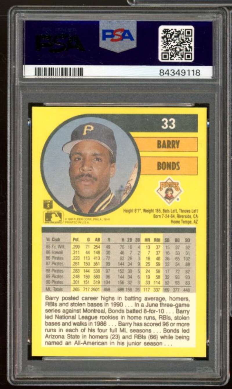 Barry Bonds Card 1991 Fleer #33 PSA 9 Image 2