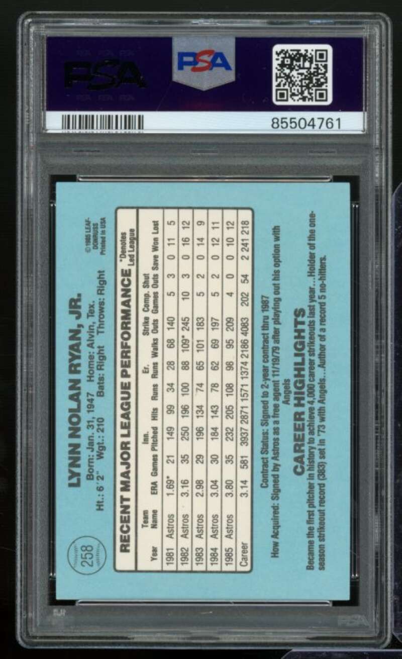 Nolan Ryan Card 1986 Donruss #258 PSA 9 Image 2