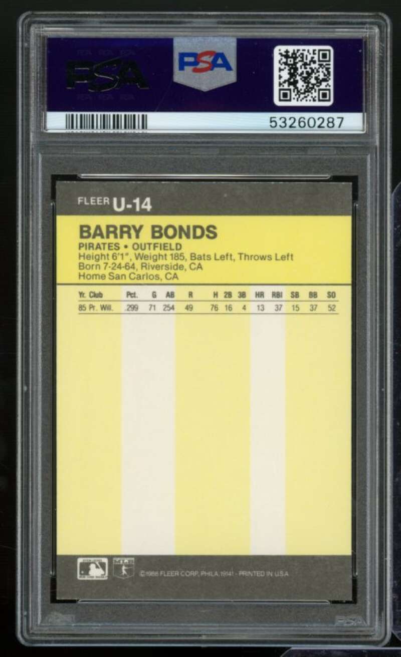 Barry Bonds Rookie Card 1986 Fleer Update #U-14 PSA 8 Image 2