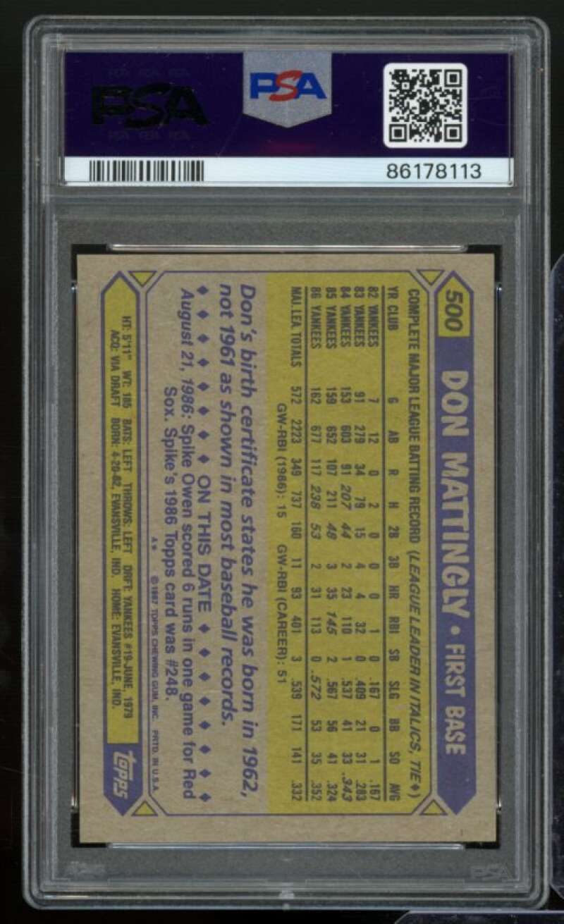 Don Mattingly Card 1987 Topps #500 PSA 9 Image 2