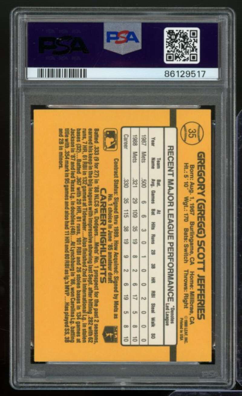 Gregg Jefferies Rookie Card 1989 Donruss #35 PSA 9 Image 2