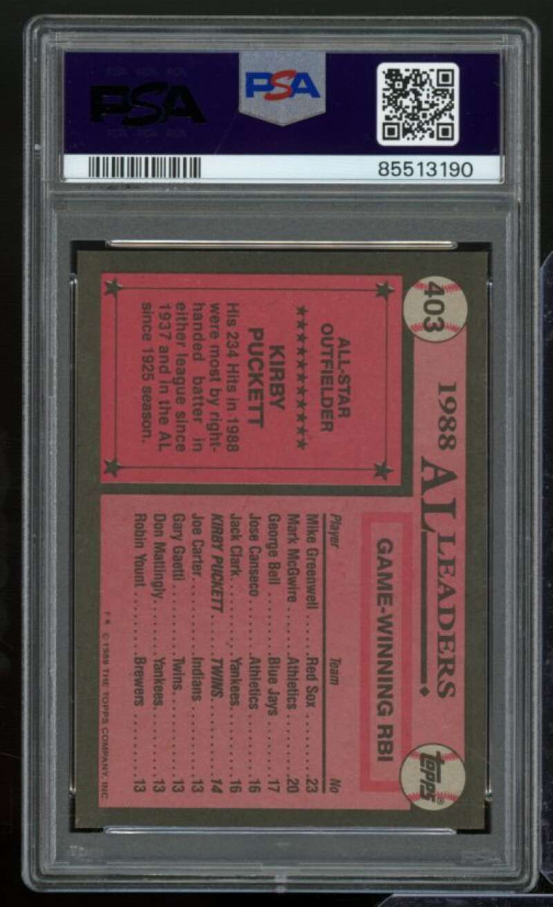 Kirby Puckett Card 1989 Topps All-Star #403 PSA 9 Image 2