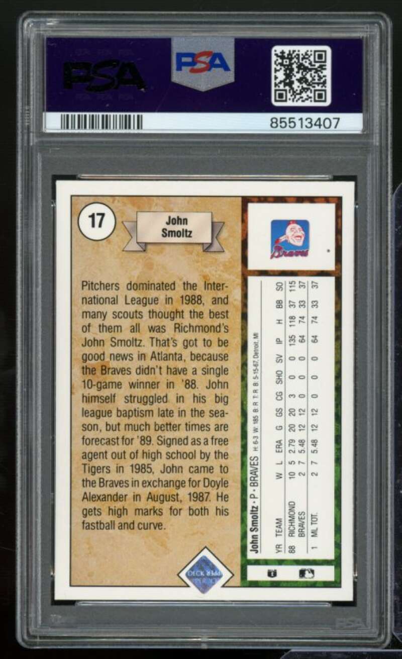 John Smoltz Rookie Card 1989 Upper Deck #17 PSA 9 Image 2