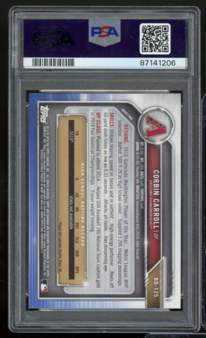 Corbin Carroll Rookie Card 2019 Bowman Draft #BD125 PSA 9 Image 2