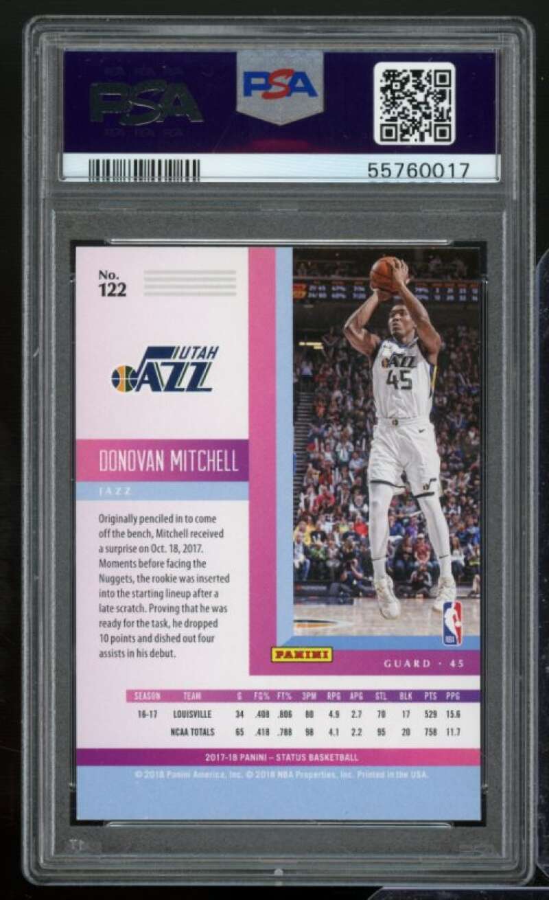 Donovan Mitchell Rookie Card 2017-18 Panini Status #122 PSA 10 Image 2