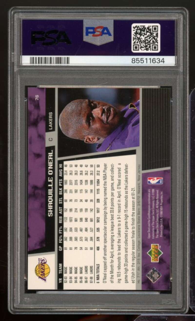 Shaquille O'Neal Card 1998-99 Upper Deck #76 PSA 9 Image 2