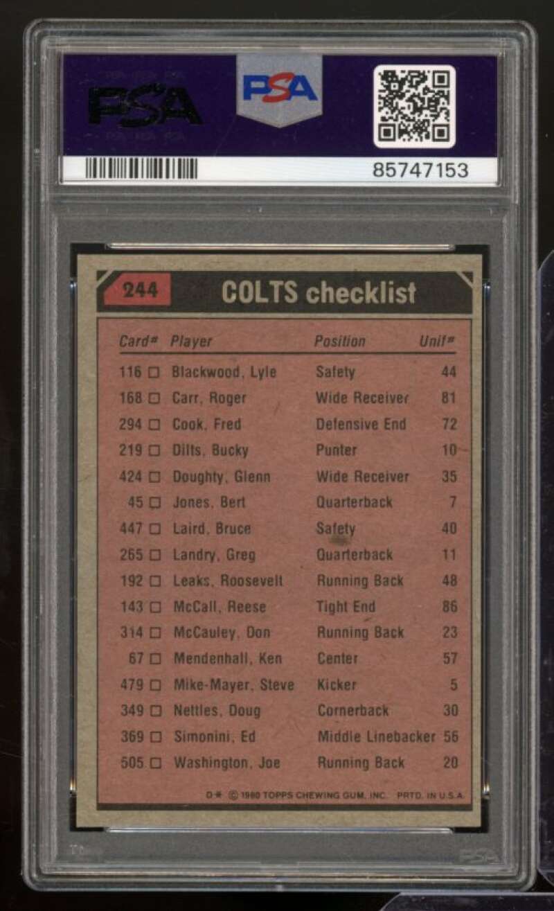 Baltimore Colts Checklist Card 1980 Topps #244 PSA 8 Image 2