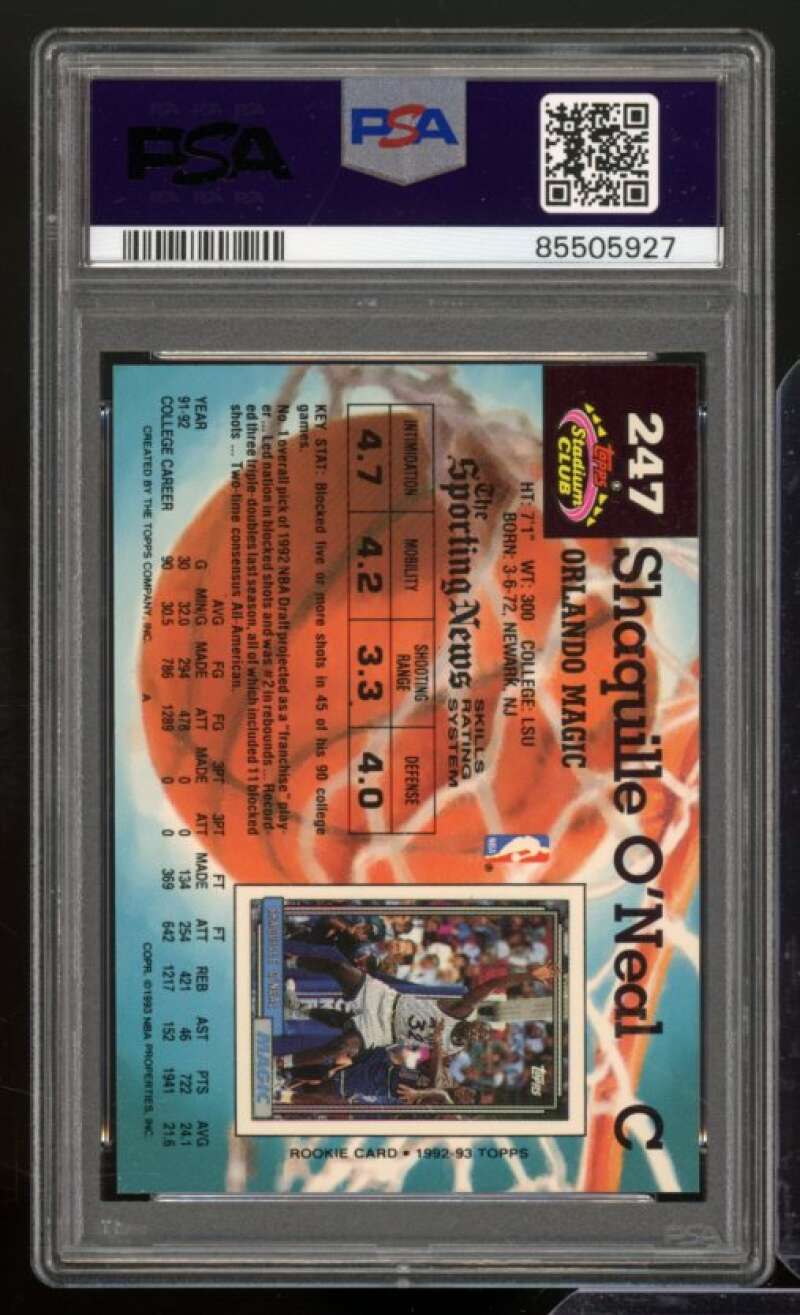 Shaquille O'Neal Rookie Card 1992-93 Stadium Club #247 PSA 7 Image 2