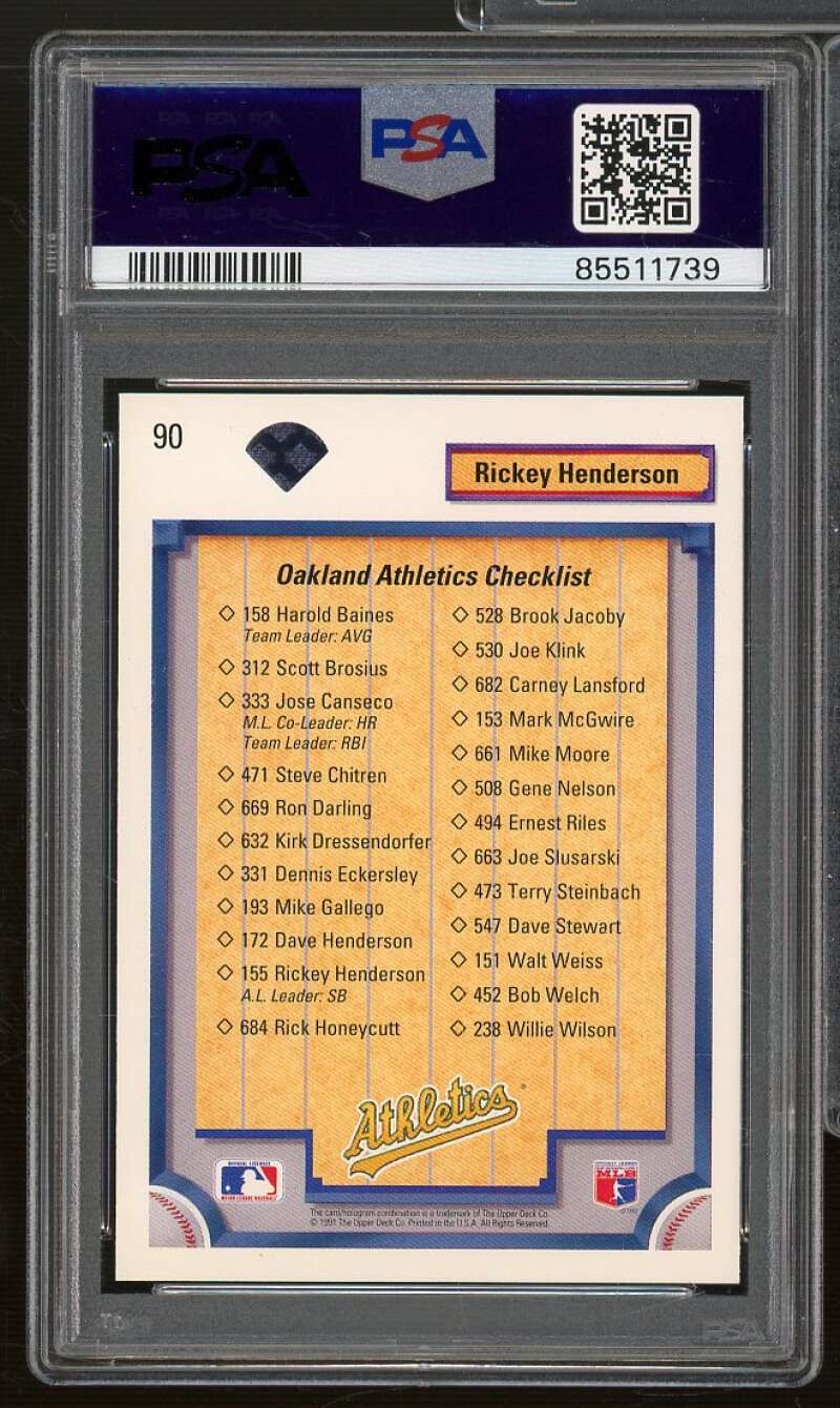 Rickey Henderson Card 1992 Upper Deck #90 PSA 9 Image 2