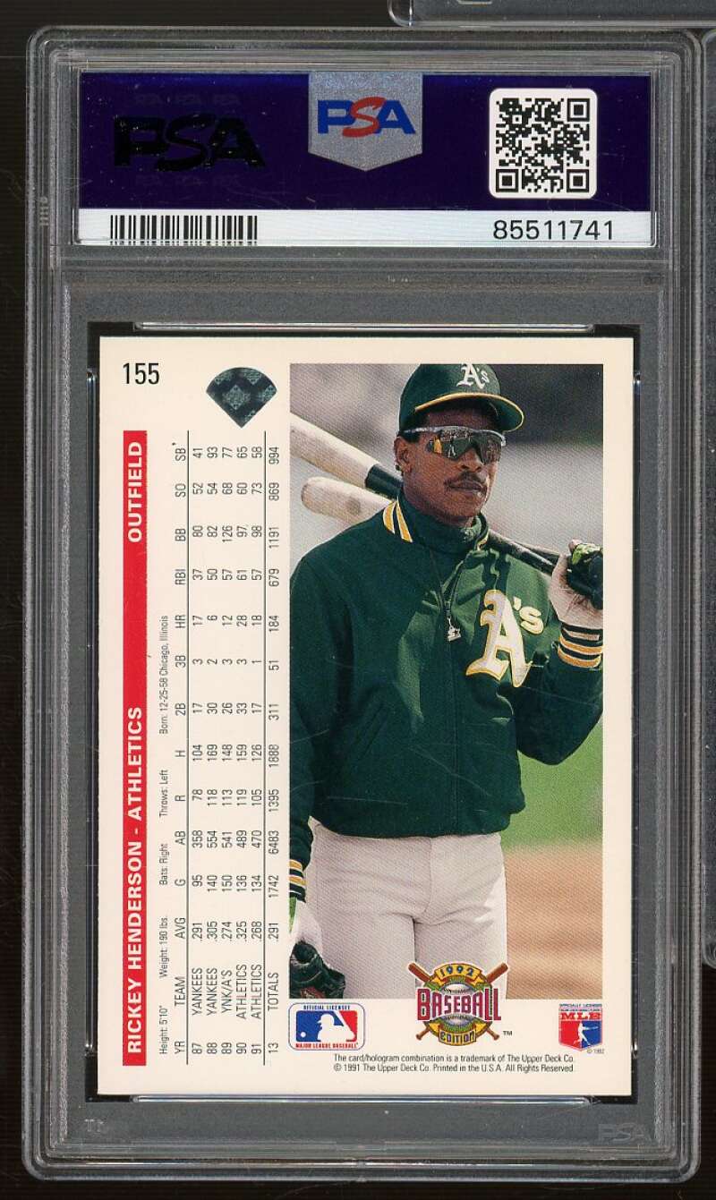 Rickey Henderson Card 1992 Upper Deck #155 PSA 9 Image 2