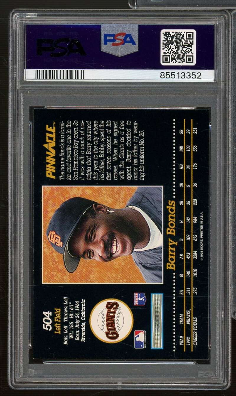 Barry Bonds Card 1993 Pinnacle #504 PSA 8 Image 2