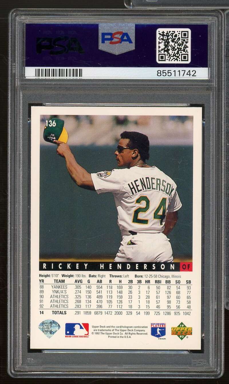 Rickey Henderson Card 1993 Upper Deck #136 PSA 8 Image 2