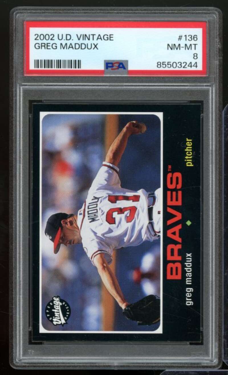 Greg Maddux Card 2002 Upper Deck Vintage #136 PSA 8 Image 1