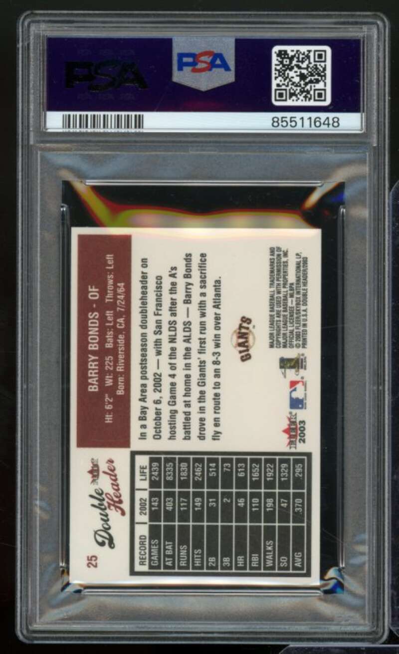 Barry Bonds Card 2003 Fleer Double Header #25 PSA 9 Image 2