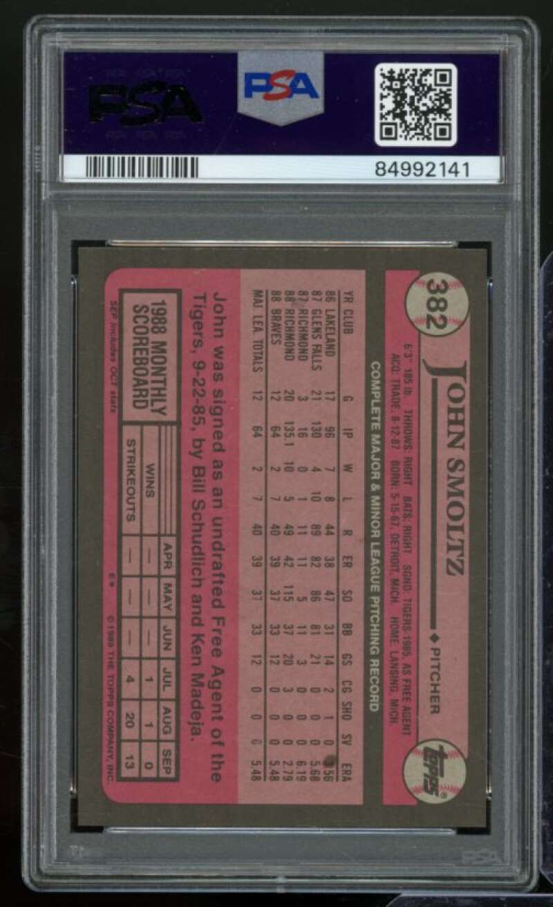 John Smoltz Rookie Card 1989 Topps #382 PSA 7 Image 2