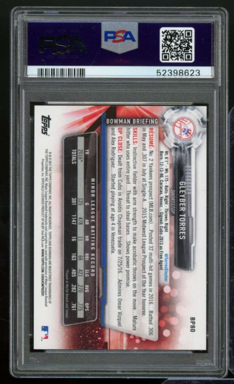 Gleyber Torres Card 2017 Bowman Prospects #bp80 PSA 9 Image 2