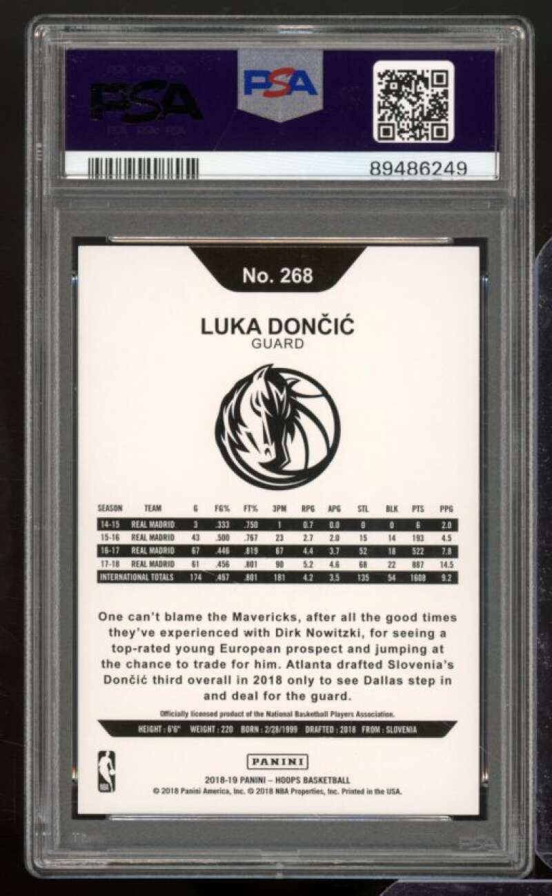 Luka Doncic Rookie Card 2018-19 Panini Hoops Purple #268 PSA 8 Image 2