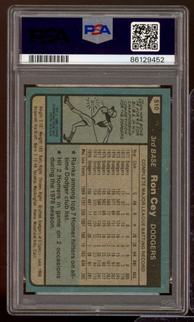 Ron Cey Card 1980 Topps #510 PSA 7 Image 2