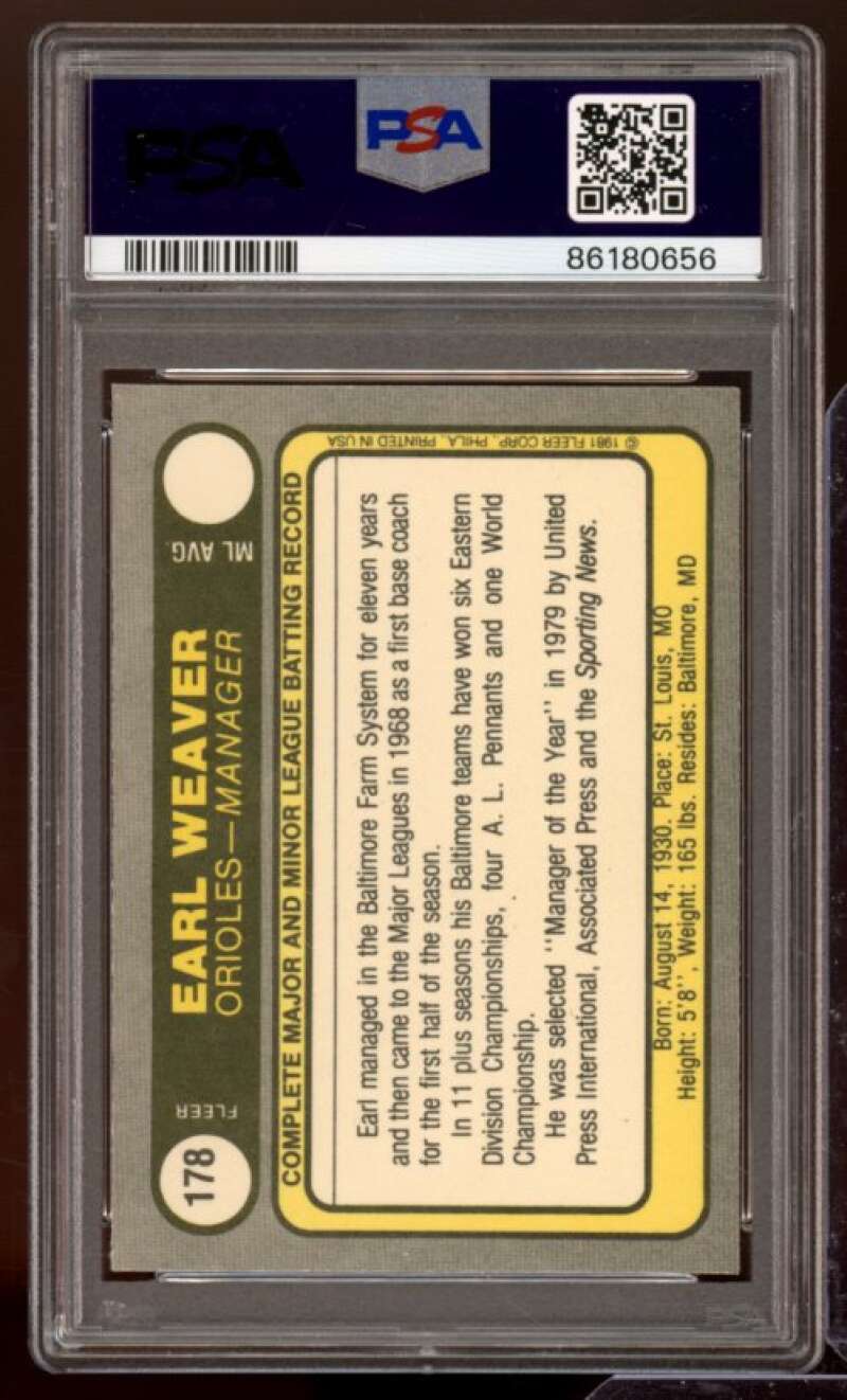 Earl Weaver Card 1981 Fleer #178 PSA 9 Image 2