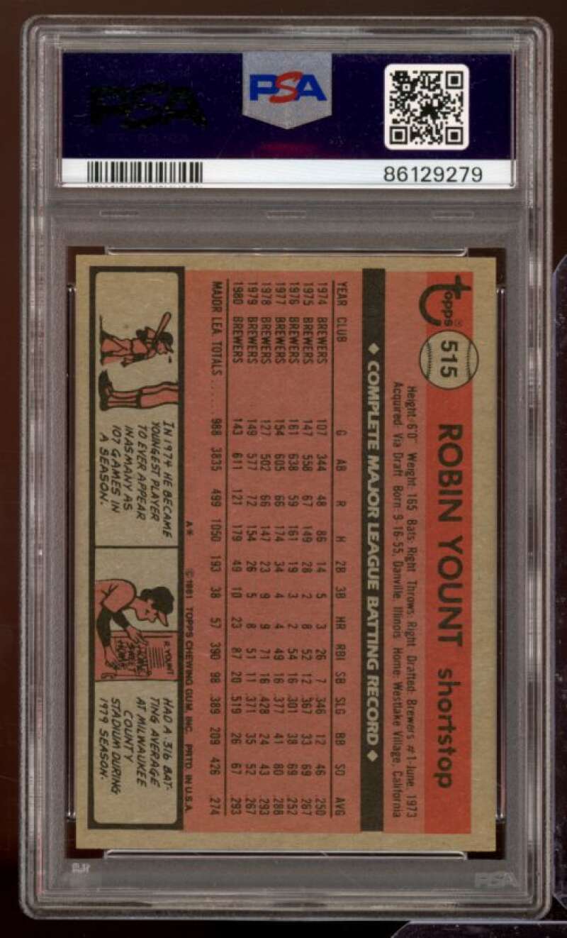 Robin Yount Card 1981 Topps #515 PSA 7 Image 2