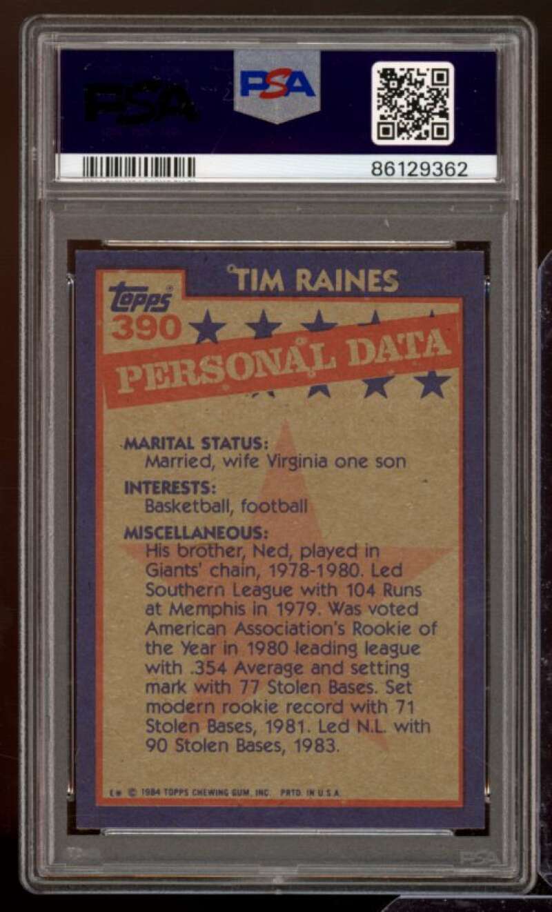 Tim Raines Card 1984 Topps #390 PSA 9 Image 2