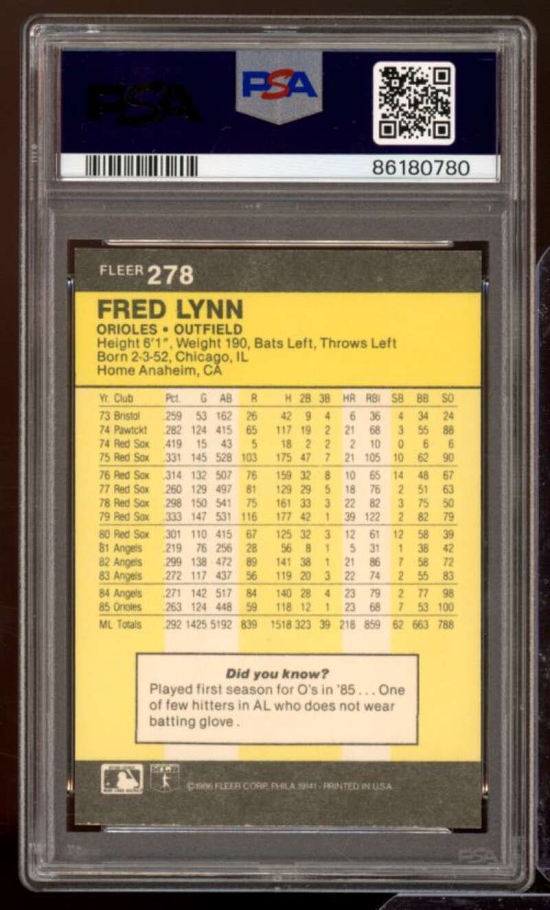 Fred Lynn Card 1986 Fleer (pop 3) #278 PSA 9 Image 2