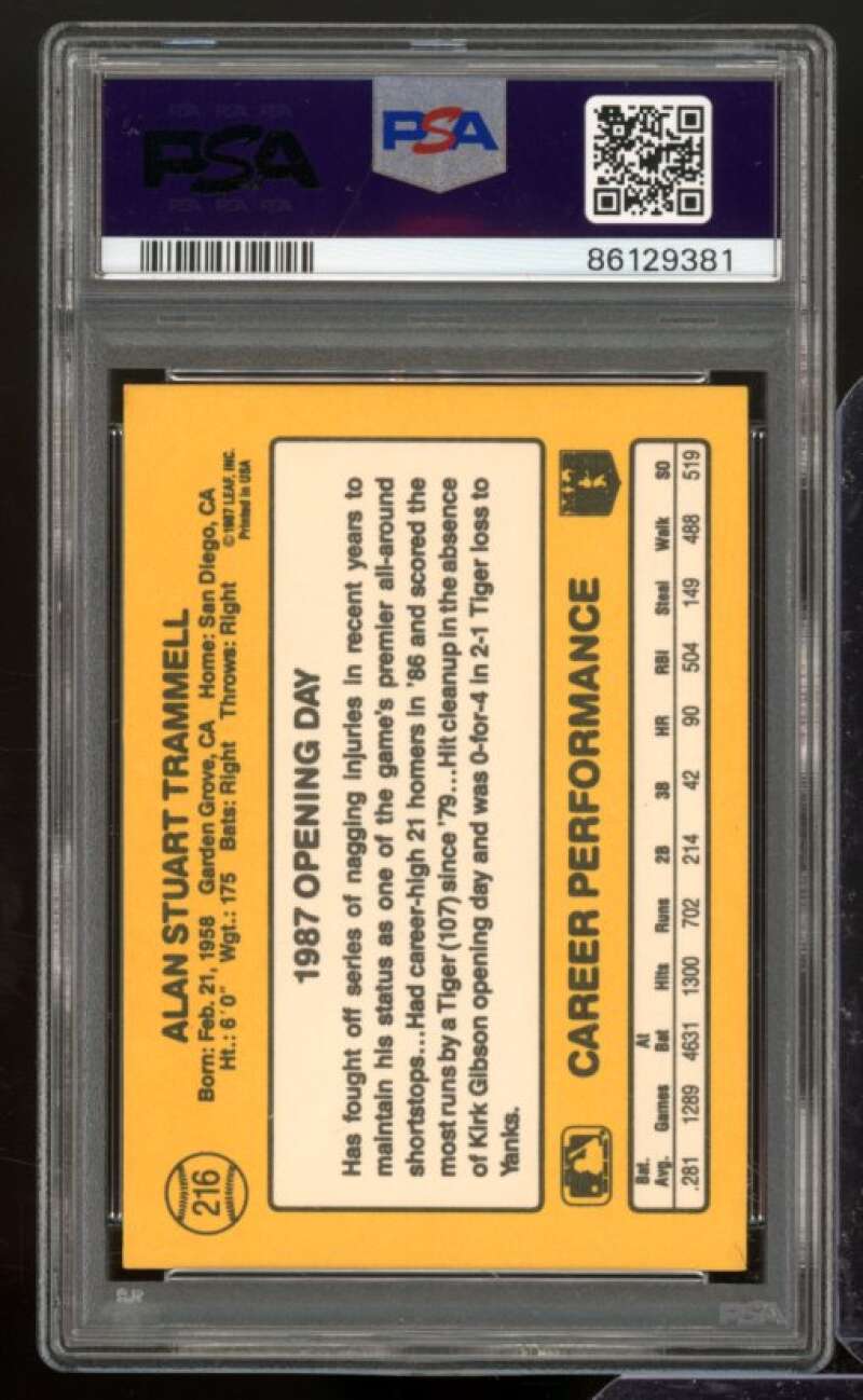 Alan Trammell Card 1987 Donruss Opening Day #216 PSA 9 Image 2