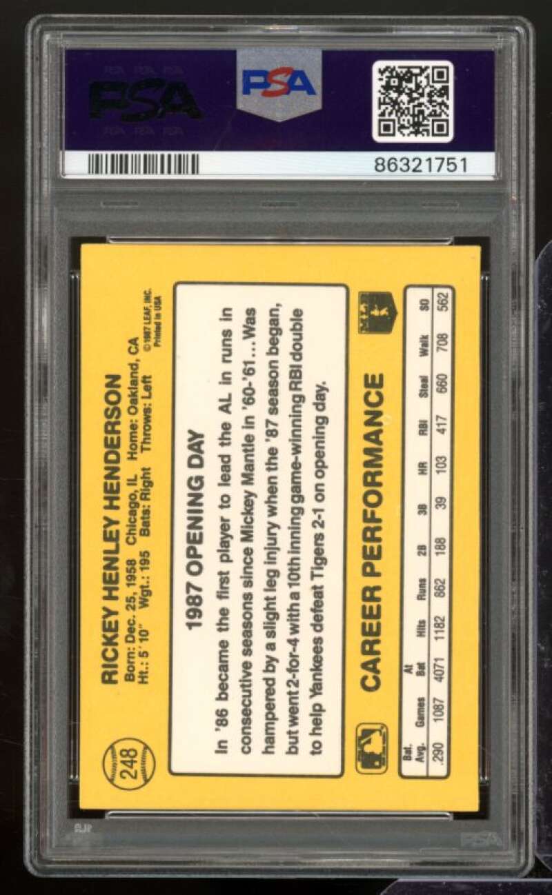 Rickey Henderson Card 1987 Donruss Opening Day #248 PSA 9 Image 2