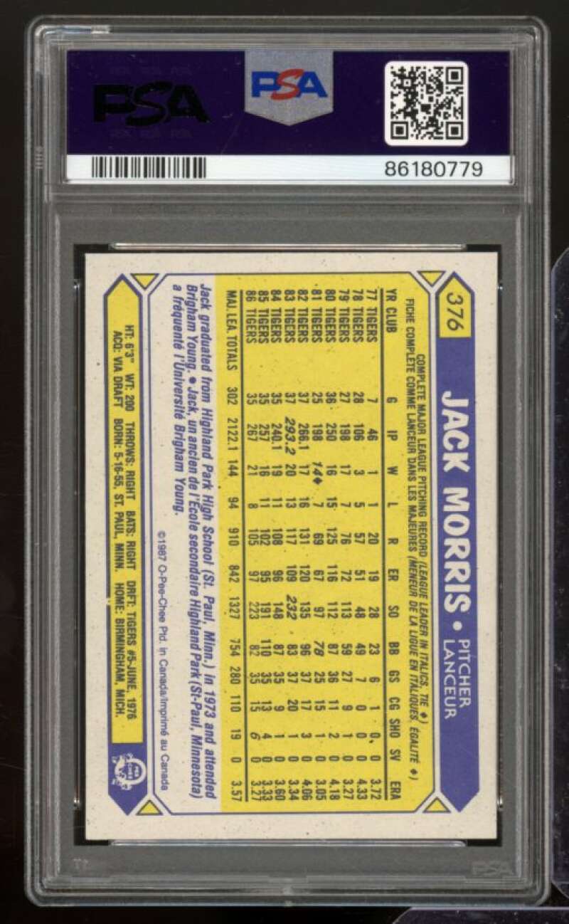 Jack Morris Card 1987 O-Pee-Chee #376 PSA 9 Image 2