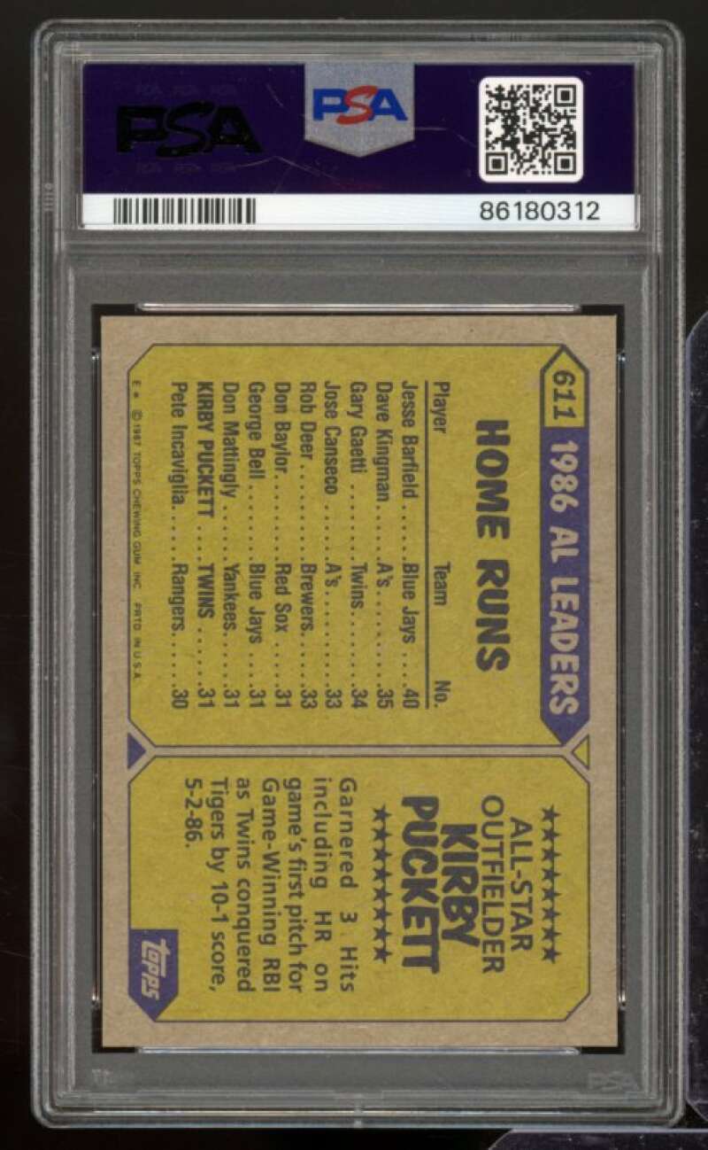 Kirby Puckett Card 1987 Topps #611 PSA 9 Image 2