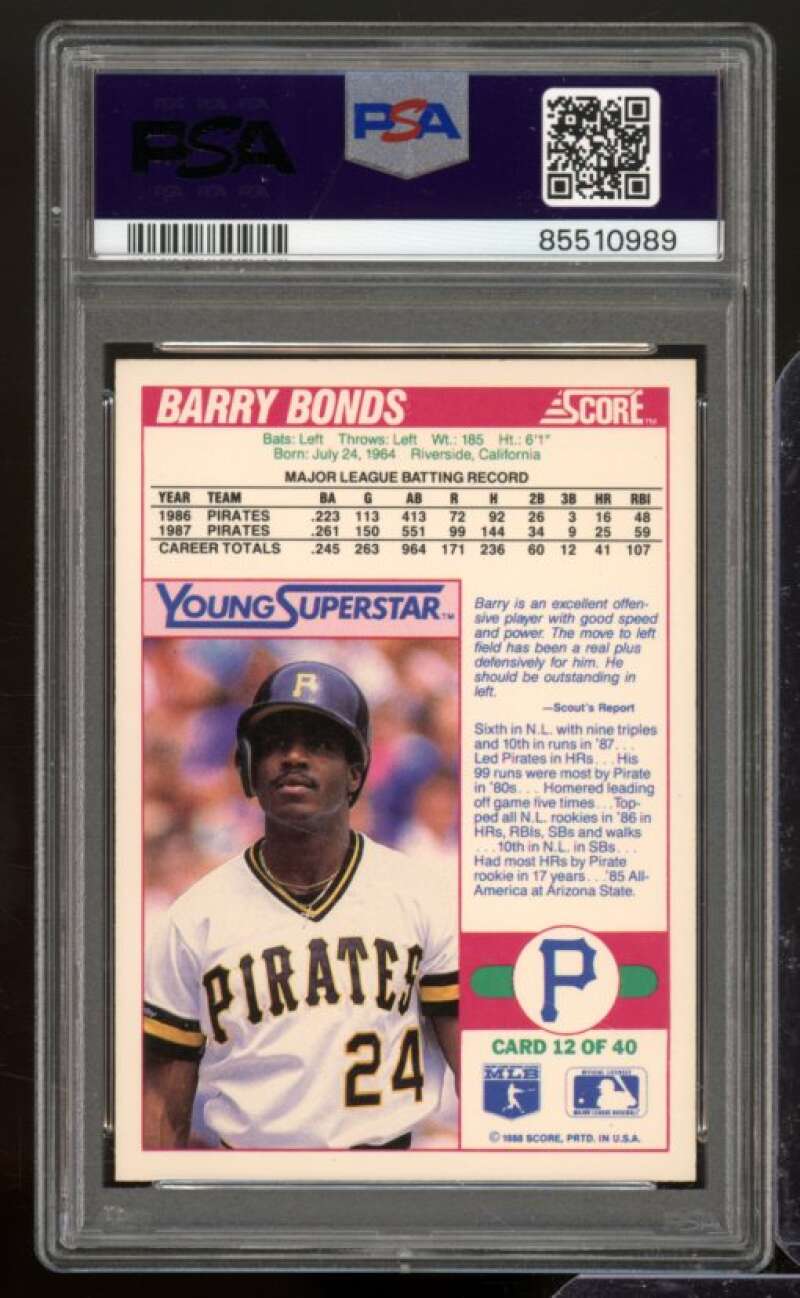 Barry Bonds Card 1988 Score Young Superstar #12 PSA 9 Image 2