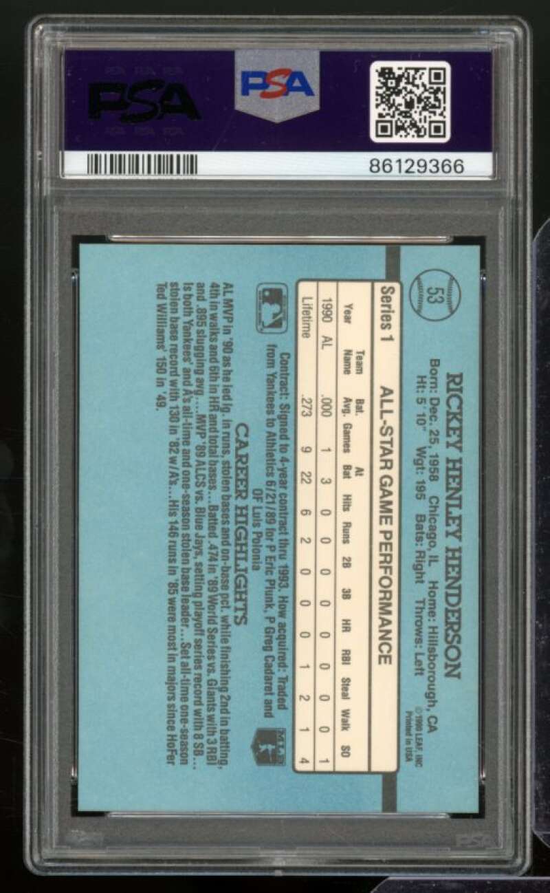 Rickey Henderson Card 1991 Donruss #53 PSA 9 Image 2