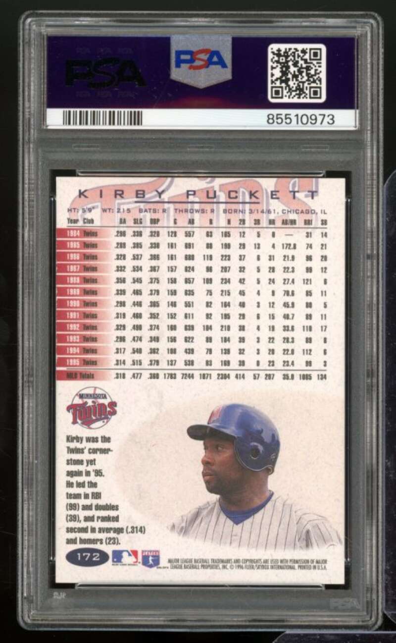 Kirby Puckett Card 1996 Fleer #172 PSA 9 Image 2