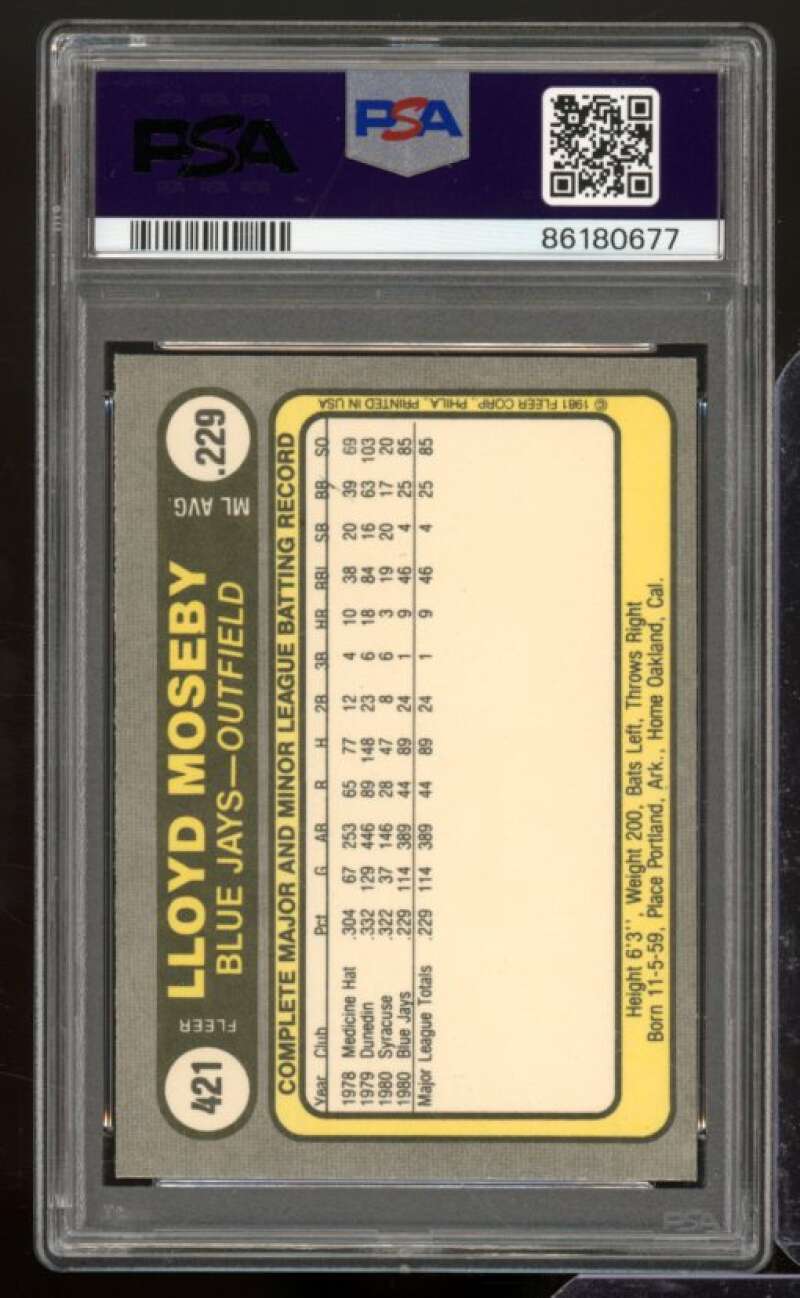 Lloyd Moseby Rookie Card 1981 Fleer #421 PSA 9 Image 2