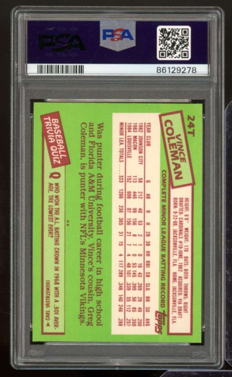 Vince Coleman Rookie Card 1985 Topps Traded #24T PSA 8 Image 2