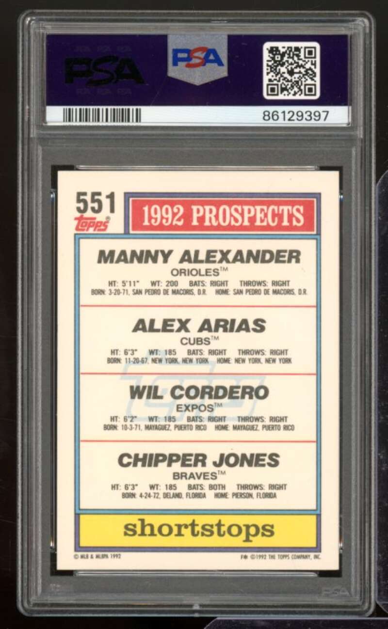 Alexander / Arias / Cordero / Chipper Jones Card 1992 Topps #551 PSA 9 Image 2