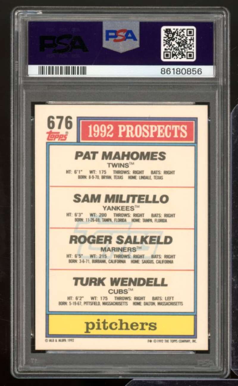 Pat Mahomes Rookie / Militello / Salked / Wendell Card 1992 Topps #676 PSA 9 Image 2