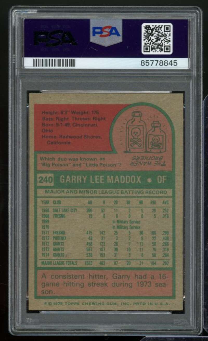 Garry Maddox Card 1975 Topps #240 PSA 4 Image 2