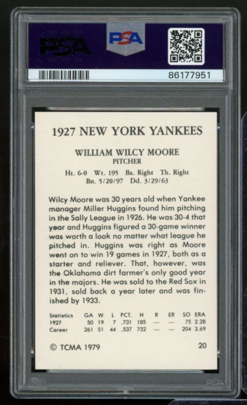 Wilcy Moore Card 1979 TCMA 1927 New York Yankees (pop 1) #20 PSA 9 Image 2