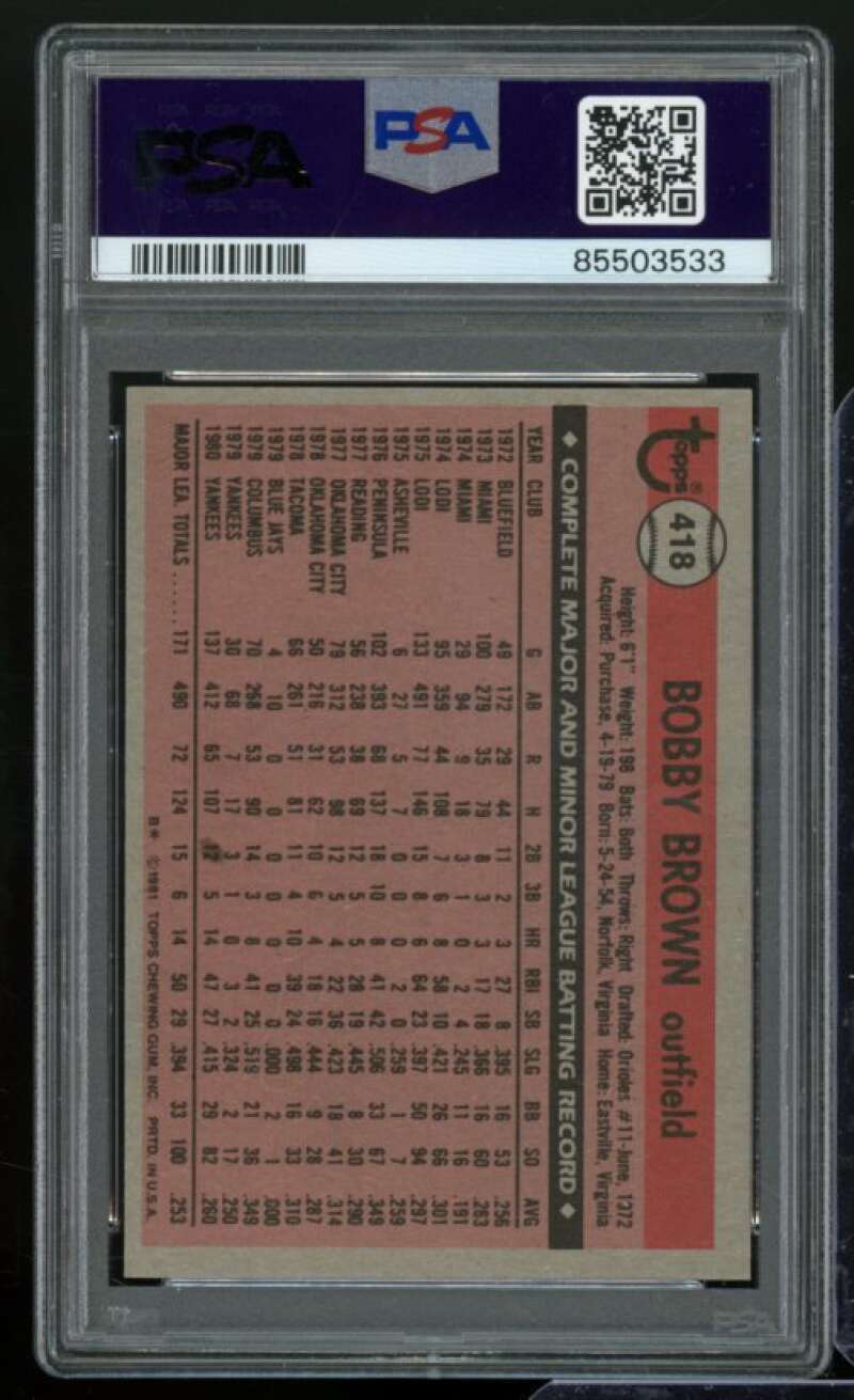 Bobby Brown Card 1981 Topps #418 PSA 8 Image 2