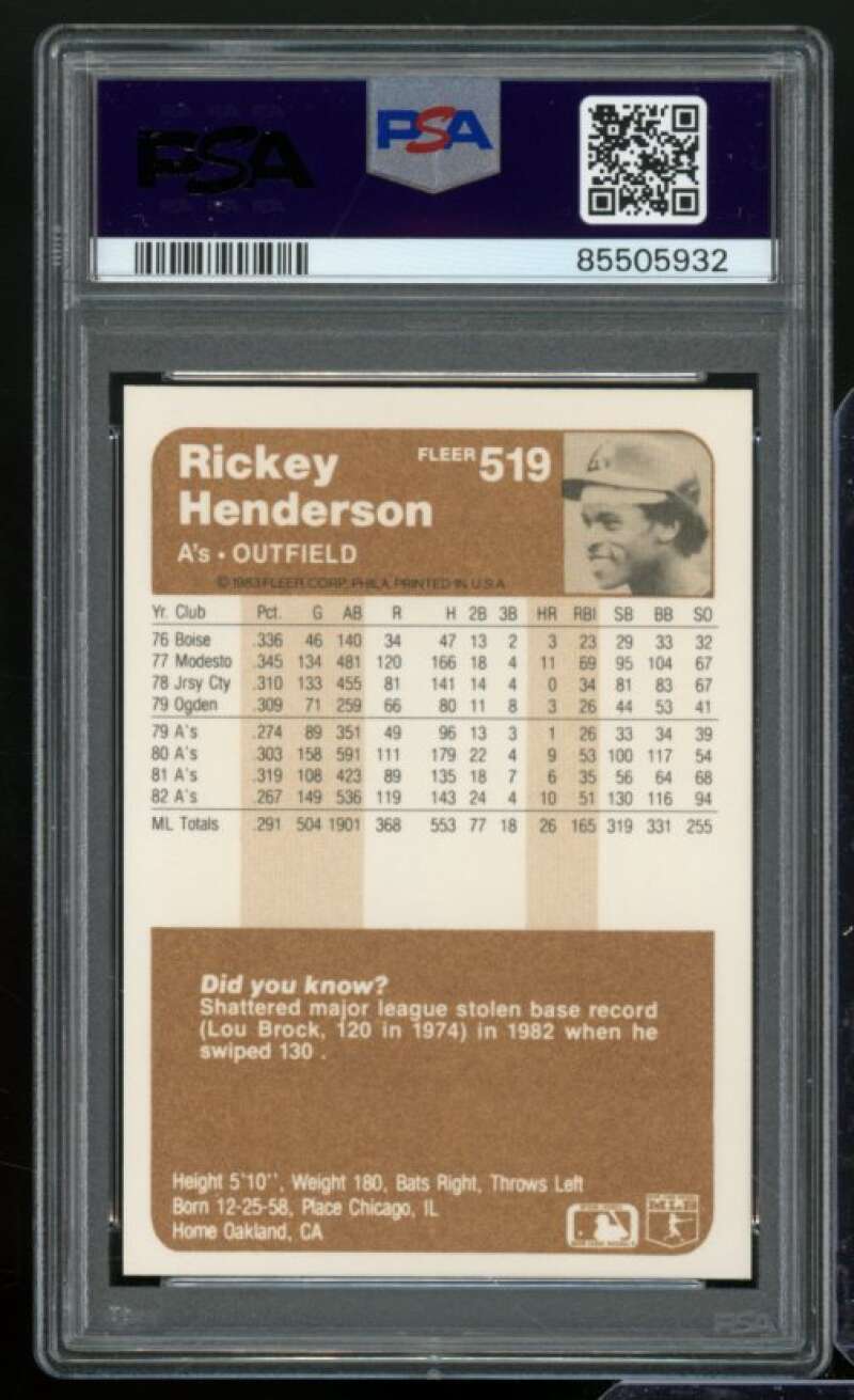 Rickey Henderson Card 1983 Fleer #519 PSA 8 Image 2