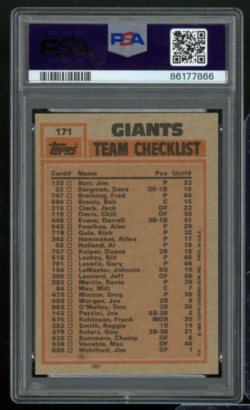 Bill Laskey / Joe Morgan Giants Leaders Card 1983 Topps #171 PSA 8 Image 2